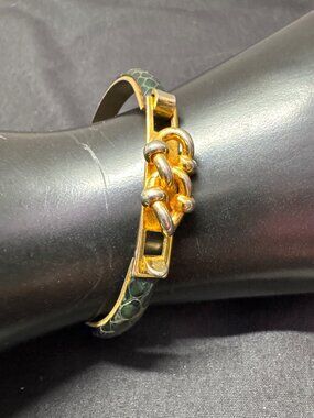 VTG Gold-Plated Italian Bracelet Green Snakeskin Pattern Chain Accent 24K Finish